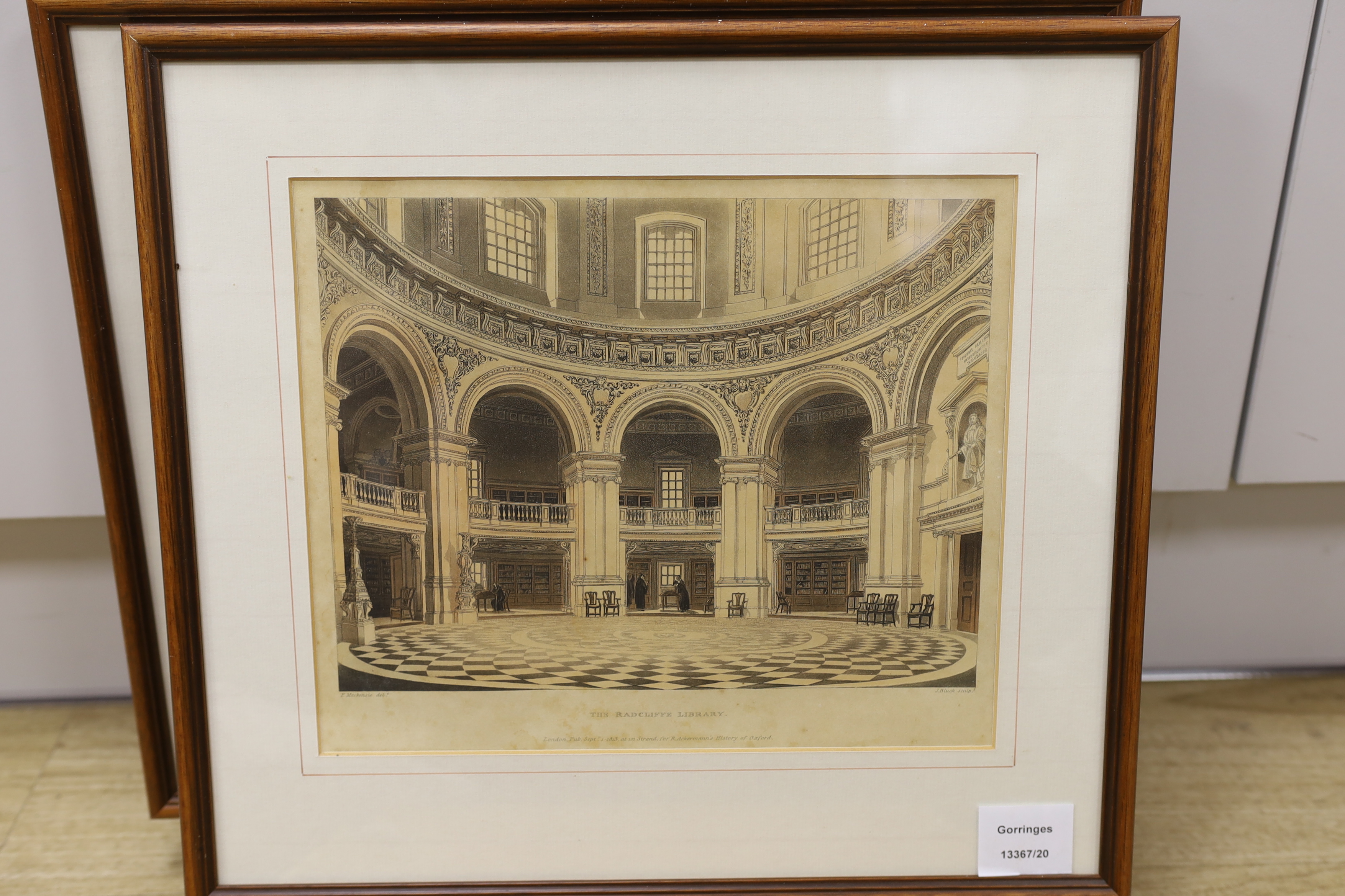 Four Ackermann colour engravings including E. Clarendon Printing House and Bradcliffe Library, together with another colour engraving and one other by Fred Millar, signed in pencil, largest 24 x 30cm (6)